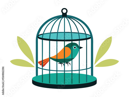 Stylized teal bird with orange chest sits inside a modern teal birdcage with green leaves
