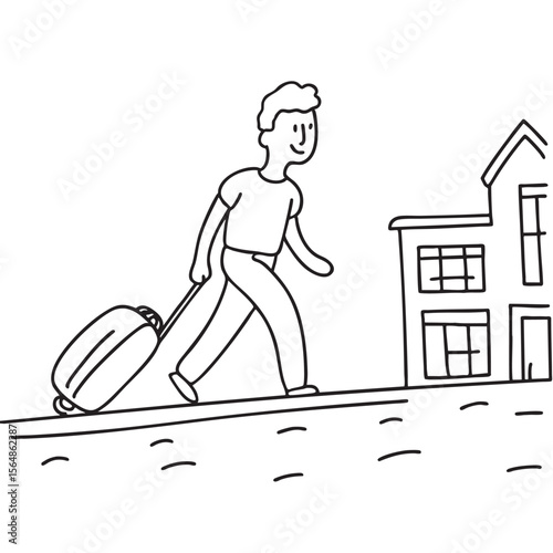 A man hauling a suitcase uphill toward a hotel entrance