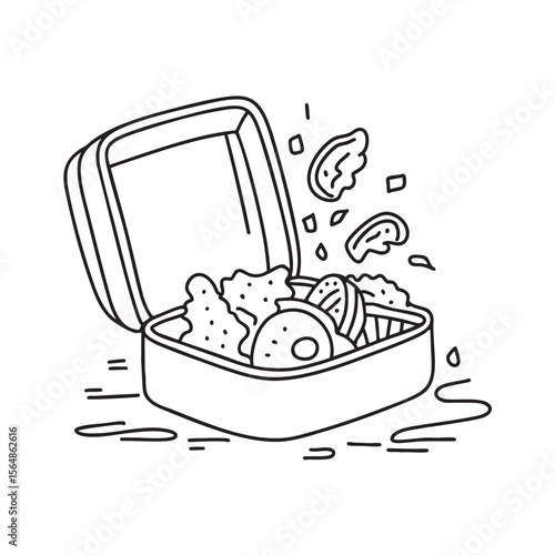 An open lunchbox with food spilled on the ground