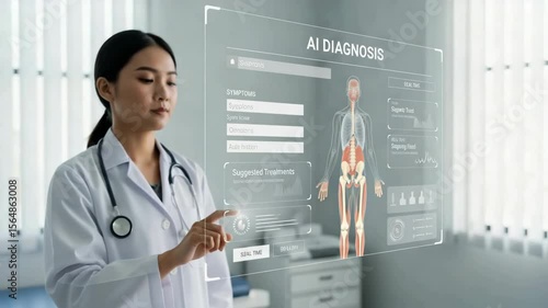  Female doctor interacting with a holographic AI diagnosis interface, displaying patient symptoms and suggested treatments, symbolizing advanced medical technology and healthcare innovation