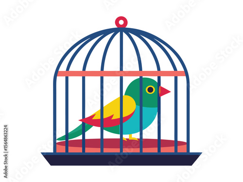 Cute colorful cartoon bird sitting inside a blue cage with red perch and white background
