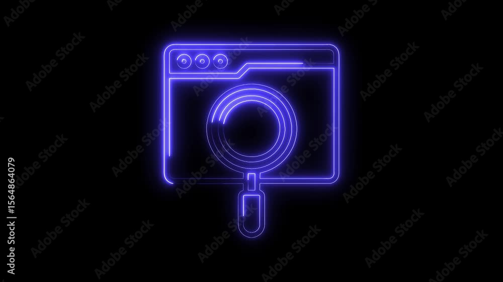 Glowing neon browser window with magnifying glass search icon on black background Glowing neon browser window with magnifying glass search icon on black background