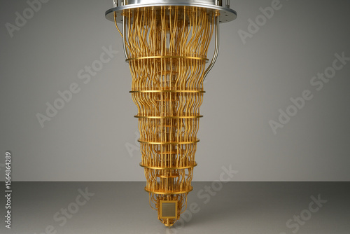 Wide shot of dilution fridge wiring tree leading down to quantum processor at base