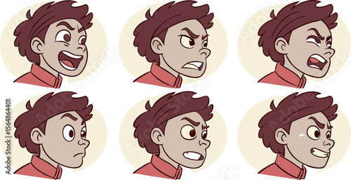 Cartoon boy displaying a range of angry and frustrated facial expressions
Art & Illustration