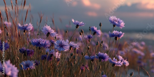 Purple flowers bloom in a golden sunset near a serene lake in late summer