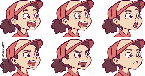 Cartoon girl in baseball cap displays various expressive emotions and reactions
Art & Illustration