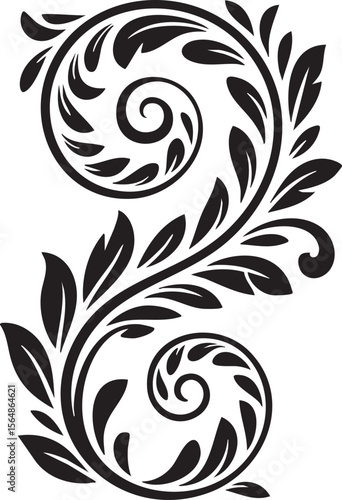 Black floral scrollwork with swirling leaves and vines white
