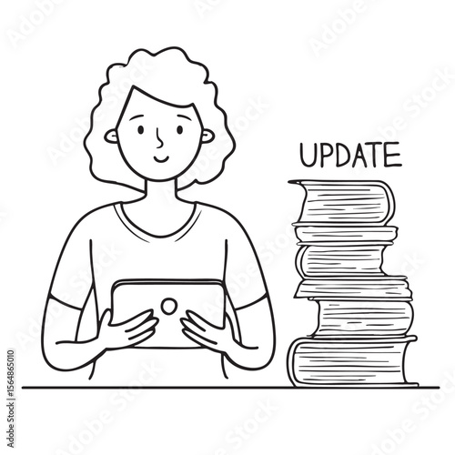 A user holding a tablet beside a page of update details