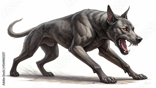 A menacing gray wolf with bared teeth crouches low ready to attack in a threatening posture outdoors
