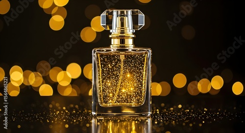 Golden perfume bottle with glittering details against a dark background Radiant golden sparkling perfume in a chic glass bottle, beautifully highlighted by a warm, out-of-focus background, conveying a