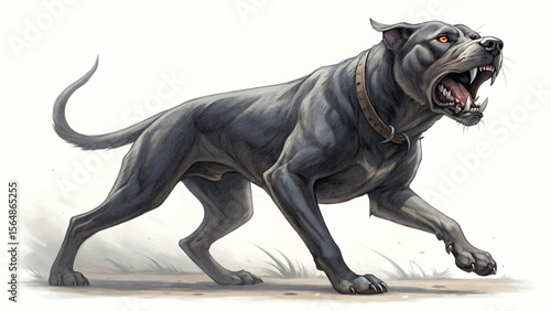 Illustration of a large dark gray dog with a collar snarling and showing its teeth on white background
