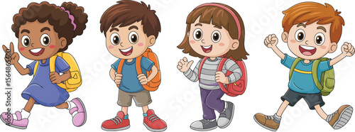 Happy School Children Walking Front View with Backpacks, Diverse Kids Illustration, Education Theme Artwork, Cartoon Students Vector, Fun Learning Concept