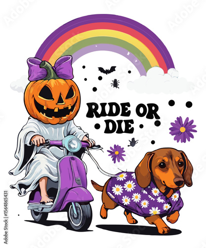 Ride or Die Halloween PNG Clipart – Cute Pumpkin Head Girl on Scooter with Dachshund Dog, Rainbow, Flowers & Spooky Elements – Fun Fall Illustration for Sublimation, Stickers, Digital Download