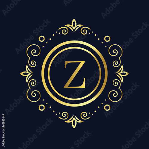 Elegant gold monogram letter Z logo with intricate flourishes on dark blue background for luxury brand identity