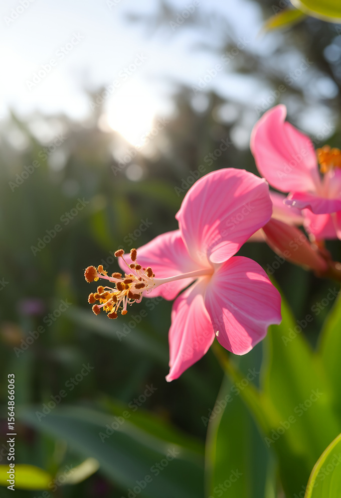 Fototapeta premium Magische Natur – Rosa Blüte im Traumlicht mit Wasserperlen