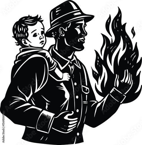 Firefighter Holds Child and Reaches Toward Flame in Monochrome Illustration