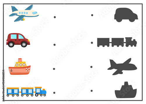 Fun shadow matching worksheet with different vehicles for kids. Improve visual skills and early logic.