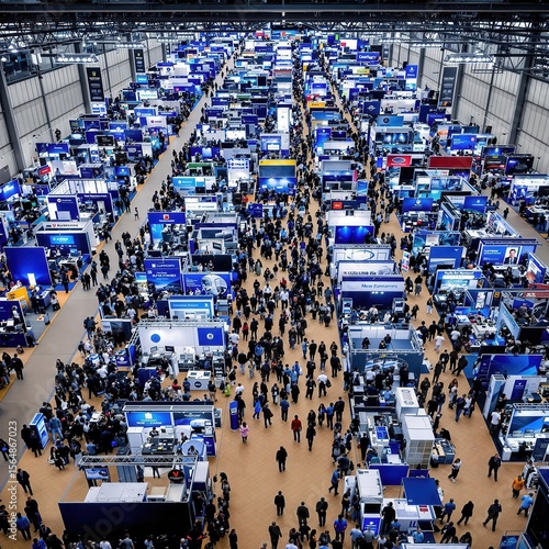 Aerial view of crowded trade show floor with numerous blue-themed booths and attendees walking through wide aisles, showcasing a bustling business exhibition environment