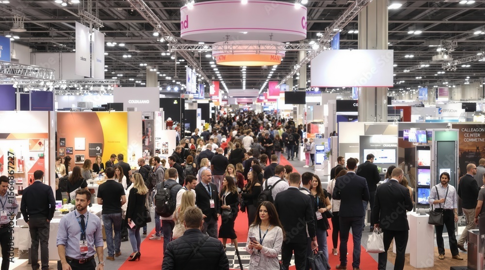 Large crowd of people are seen at a convention, showcasing businesses and technology at an exhibition, with attendees browsing booths