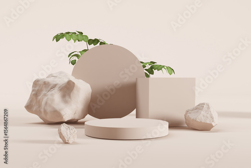 Minimal 3d scene with stones and primitives