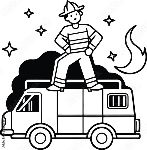 Firefighter Standing on Fire Truck Roof Confronting Flames Under a Starry Night Sky
