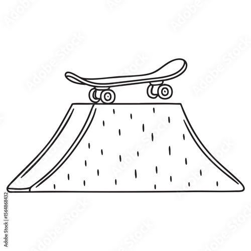A skateboard placed at the base of a sloped ramp