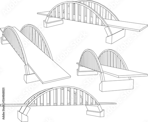 vector sketch illustration of architectural design of old classic vintage wooden and concrete bridge construction