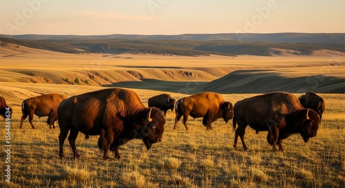 Wallpaper Mural Bison herd grazing across Lamar Valley at golden hour, warm cinematic light, expansive alpine valley, shallow depth of field, f/5.6, 200mm lens, photorealistic, 8K, 16:9, tripod, Yellowstone National  Torontodigital.ca