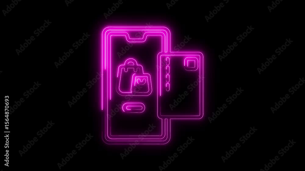 Neon mobile phone with shopping bags and credit card for online shopping concept Neon mobile phone with shopping bags and credit card for online shopping concept