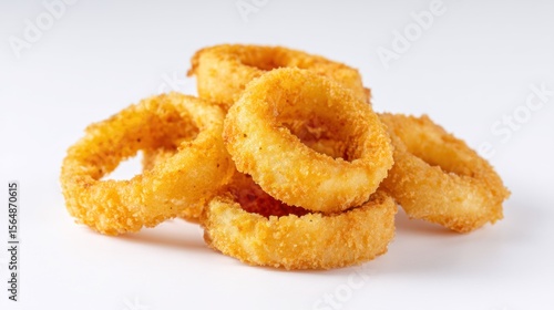 Pile of Crispy Golden Onion Rings on a White Background for Fast Food