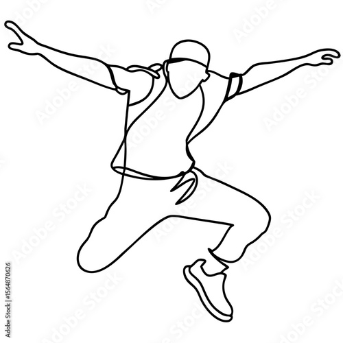 Hip-hop dancer mid-jump line art illustration. Energetic breakdancer performing acrobatic move. Dynamic pose perfect for dance studio promotion.