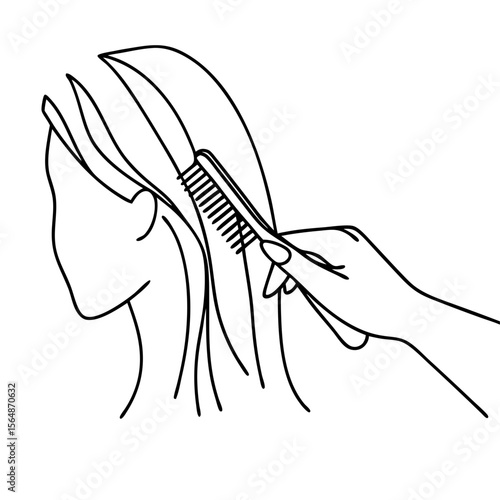 Combing hair slowly with a fine-tooth comb. Detailed line art illustration shows a hand gently detangling long hair.