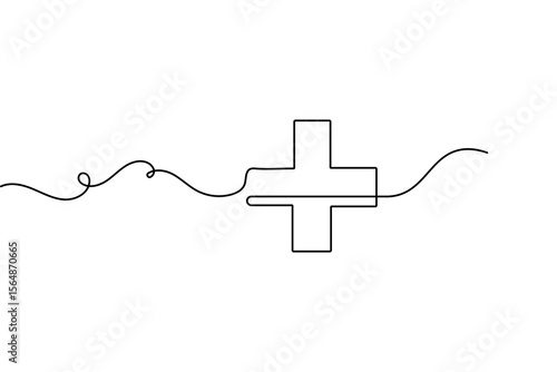 Minimalist medical cross one line art isolated in outline vector drawing for healthcare and emergency
