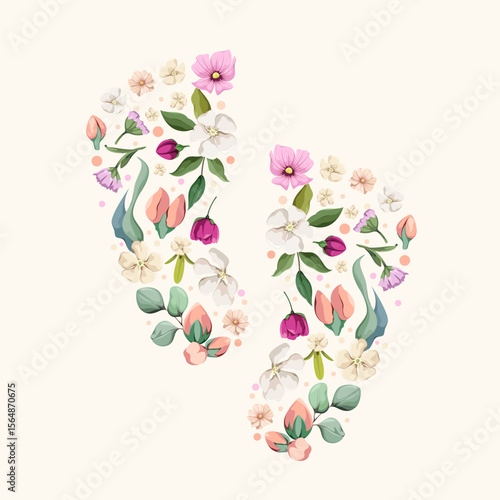 Flower baby footprints on a white background. Cute illustration for postcards, invitations, advertising, and social media. Vector.