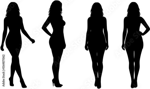 Collection. Silhouette of a beautiful woman figure. The girl is thin, the woman is overweight. The lady is standing, she is slim and sexy. Set of vector illustrations.