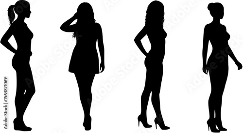Collection. Silhouette of a beautiful woman figure. The girl is thin, the woman is overweight. The lady is standing, she is slim and sexy. Set of vector illustrations.