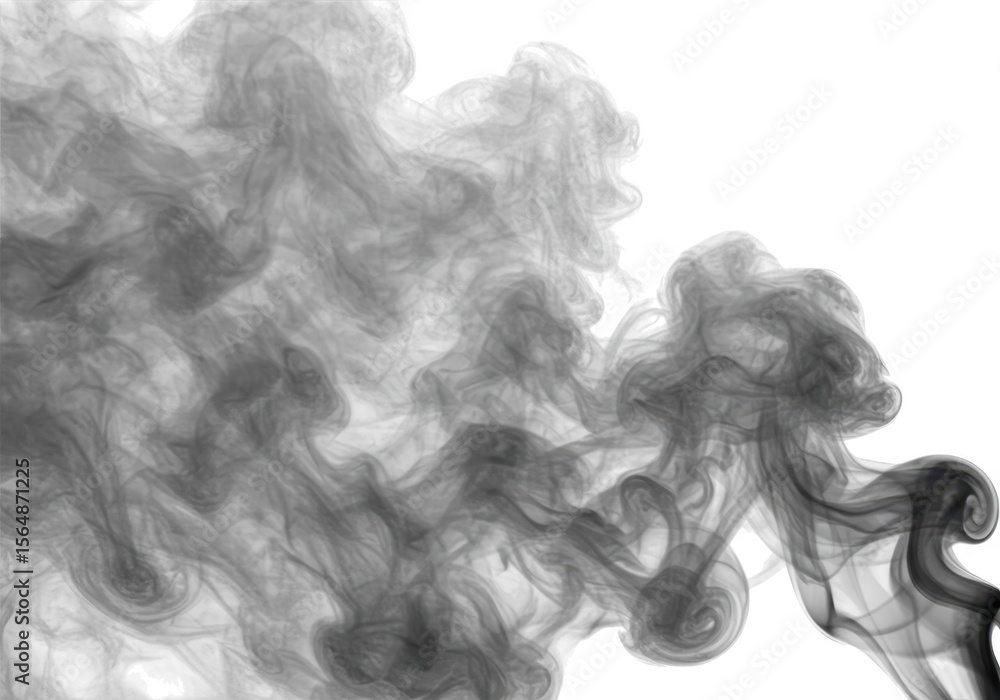 Fototapeta premium Abstract grey smoke swirls and curls, isolated on transparent background