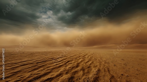 Massive sandstorm sweeping across vast desert dune under turbulent sky high wind erosion pattern dry cracked earth powerful nature force desert survival environment low angle ground view custom