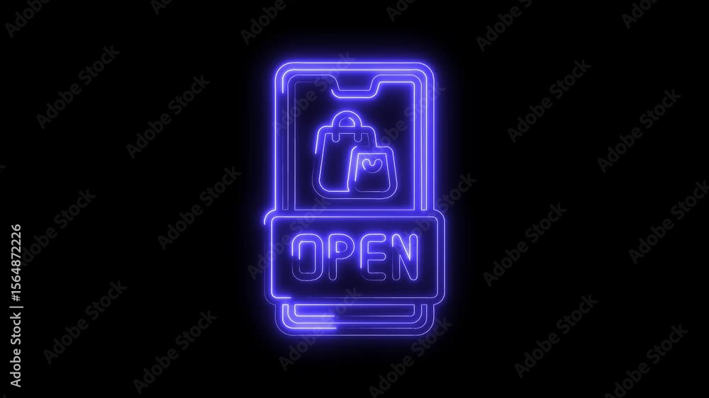 Neon shopping app mobile with open sign shining on black background Neon shopping app mobile with open sign shining on black background