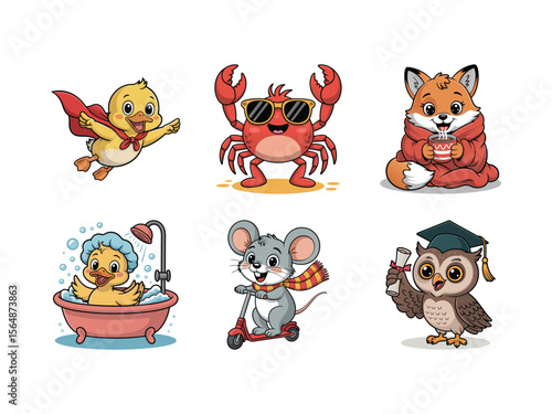 Cute cartoon animals in various activities duck superhero