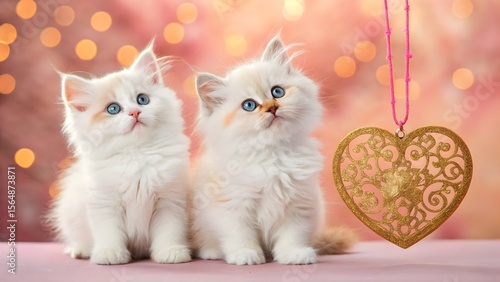 Two fluffy white British Shorthairs flank a vintage heart ornament against a soft pastel bokeh, retro heart, pretty Adorable fluffy kittens with innocent blue eyes, beside a golden heart, set against 