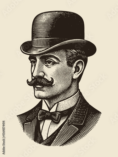 Man portrait in bowler hat vintage engraving vector illustration