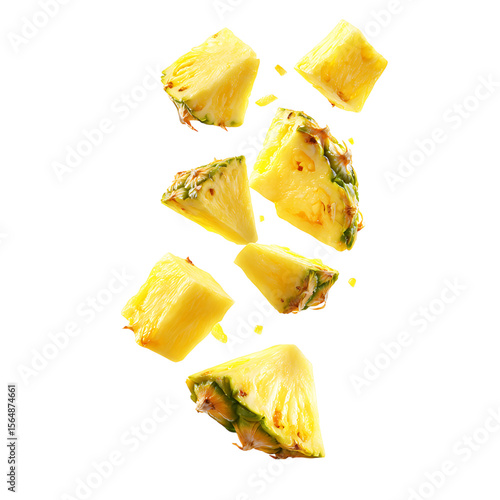 High quality photo of fresh pineapple chunks falling and splattering isolated on transparent background.