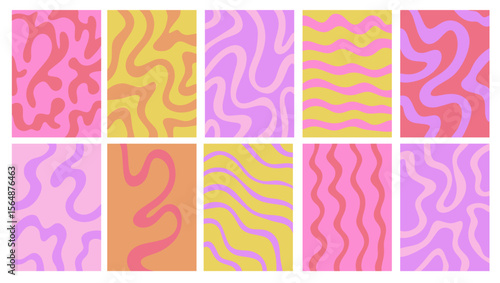 Vertical background with wave trippy shapes set in flat style. Fluid curved wiggling doodle hand drawn wavy organic stripes waves.