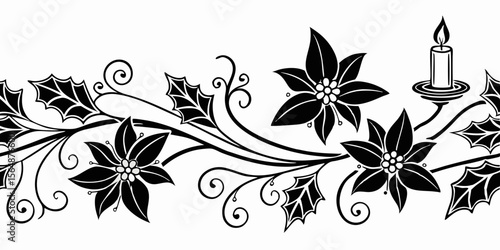 Horizontal seamless vector pattern border with candles and poinsettias  