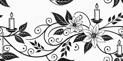 Horizontal seamless vector pattern border with candles and flowers  