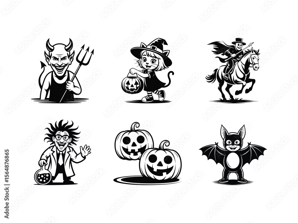 Obraz premium Halloween characters devil cat rider pumpkins scientist bat demon horns