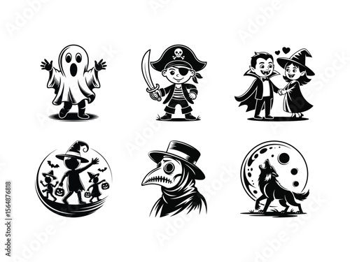 Halloween characters ghost pirate vampire witch plague doctor werewolf vector