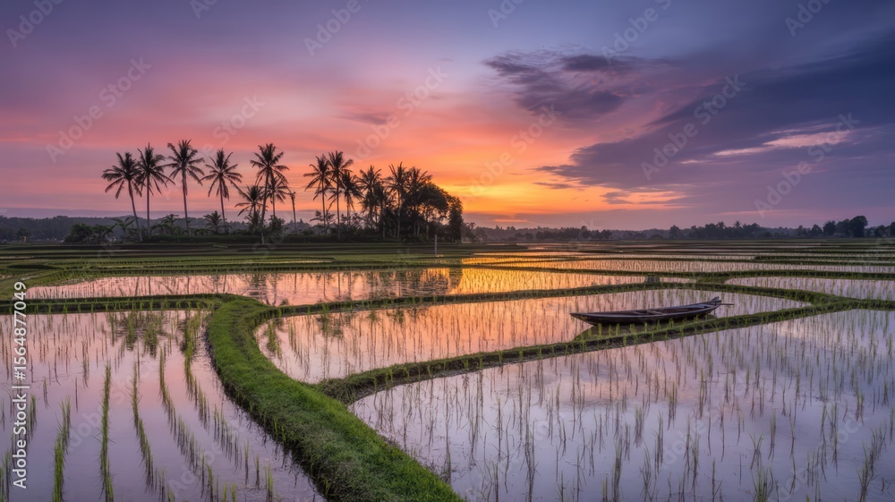 Obraz premium Tranquil Journey A Farmer's Boat on a Reflective Rice Paddy at Sunset