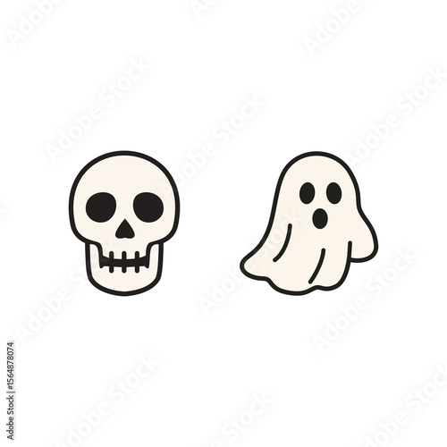 Halloween flat icon combo of skull and ghost in cartoon style, great for spooky party decor, digital clipart, printable materials, and seasonal children’s design